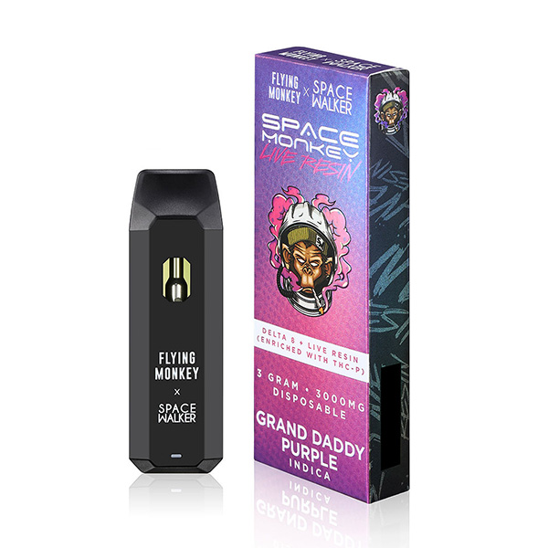 Space Monkey Delta-8 Live Resin Disposables | 3g This highly anticipated collaboration between Space Walker and Flying Monkey delivers equal parts quality and quantity. The Space Monkey 3 gram disposable contains a premium blend of Live Resin Delta 8 enriched with THC-P in a sleek compact device. Their disposable features a tightly sealed juice reservoir to prevent any leaking, and a powerful, rechargeable battery to ensure you can enjoy it for as long as it should last. All cannabinoids used in the Space Monkey Delta 8 disposables are derived from US grown hemp and are federally legal under the Farm Bill Act. Space Monkey Live Resin Disposable Strains Astroboy (Sativa) – A mix of sweet and sour fruit flavors, like citrus and cherry, lead the way towards a heady buzz that is fast-acting and uplifting. The cerebral energy sparked by Astroboy is a great choice to keep you happy and active throughout a busy day. The watermelon phenotype of Astroboy is known to be an exceptional expression of the strain and is often desired as an influence for other breeding projects. Rocket Fuel (Hybrid) – Rocket Fuel maintains a pungent, fuel-packed flavor profile, expressing notes of diesel and spice. Northern Lights (Indica) – Northern Lights produceseuphoric effects that settle in firmly throughout the body, relaxing muscles and easing the mind. Consumers say this strain has a pungently sweet and spicy flavor profile that is smooth on the exhale. Space Cookies (Hybrid) – Space Cookies is a well-balanced strain that is perfect for daytime relaxation — you are gonna feel happy and inclined to lounge in a hammock. It has enough of a kick to get your head in the clouds but not enough heavy to keep you fixed in one location. Watermelon Sangria (Hybrid) – An indica-dominant hybrid strain made by crossing White Sangria with Zkittlez. This strain produces relaxing effects that calm the mind and reduce racing thoughts. Dream ‘N Sour (Sativa) – Dream ‘n Sour is a sativa strain made by crossing Blue Dream and Sour Jack. Reviewers say this strain makes them feel focused, energetic, and uplifted. Sour Tangie (Sativa) – Sour Tangie is an 80% sativa cross between East Coast Sour Diesel and Tangie. Sour Tangie brings together the classic Sour Diesel aroma with Tangie’s creative, elevating buzz and strong citrus overtones. Grand Daddy Purple (Indica) – While your thoughts may float in a dreamy buzz, your body is more likely to find itself fixed in one spot for the duration of GDP’s effects. Product Info Collaboration between Space Walker x Flying Monkey 3000mg Per Disposable USB-C Rechargeable (cable not included)